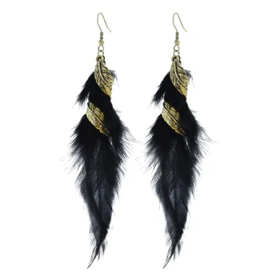 Women's Bohemian Feather Metal Long Dangle Earrings Autumn Winter