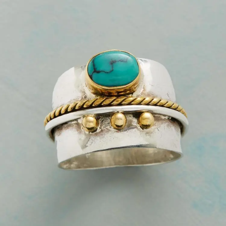 Wholesale Unisex Retro Silver Turquoise Two Tone Ring