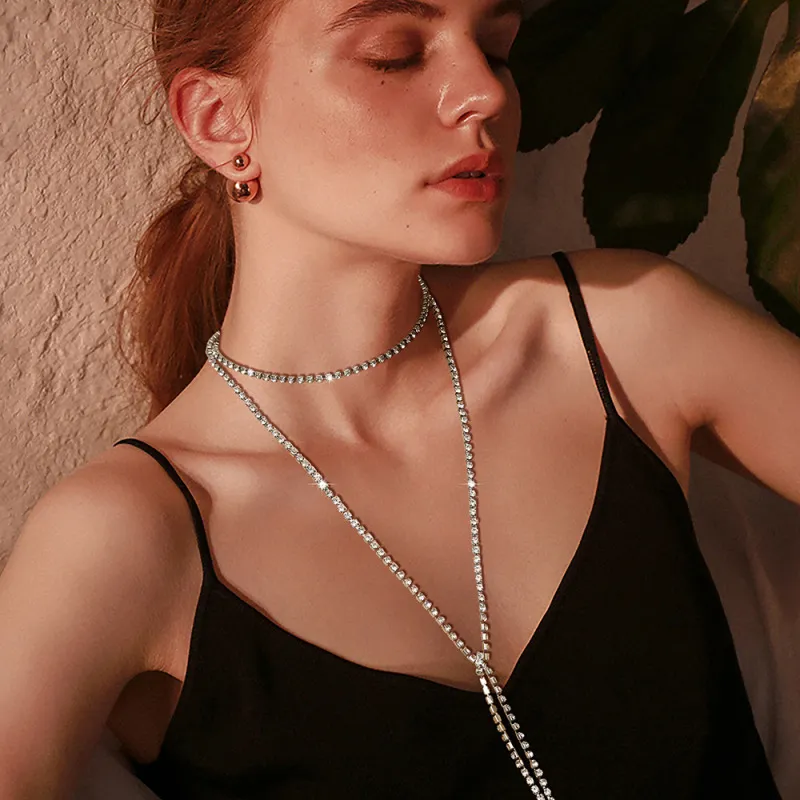 Women Fashion Rhinestones Long Necklace