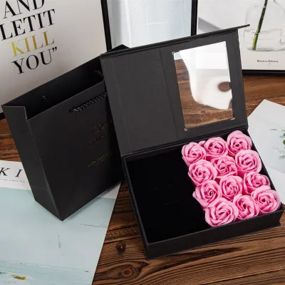 Window Flip Jewelry Box Black Immortal Rose Creative Valentine's Day Gift Box (Without Jewelry)