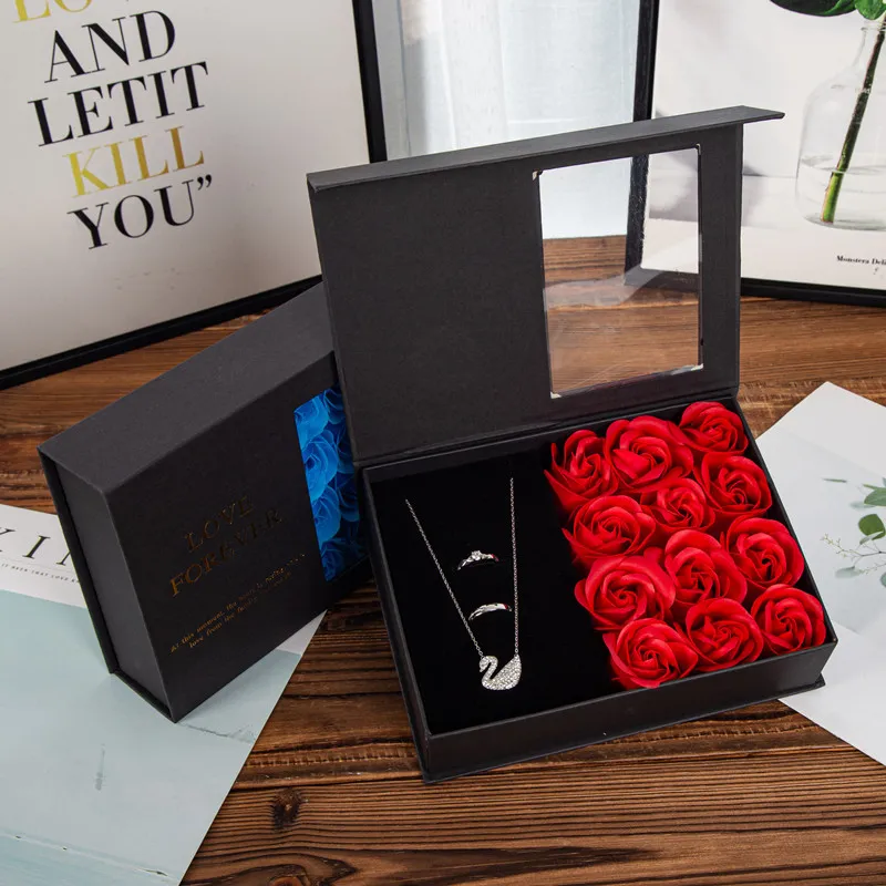 Window Flip Jewelry Box Black Immortal Rose Creative Valentine's Day Gift Box (Without Jewelry)