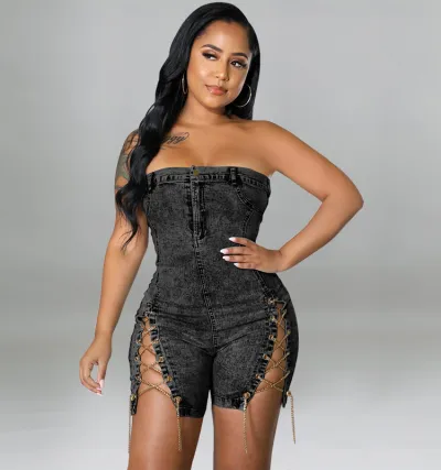 Women's Off-The-Shoulder Slit Chain Lace-Up Denim Romper - Sleeveless Short Casual