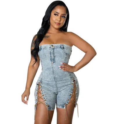 Women's Off-The-Shoulder Slit Chain Lace-Up Denim Romper - Sleeveless Short Casual