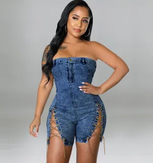 Women's Off-The-Shoulder Slit Chain Lace-Up Denim Romper - Sleeveless Short Casual
