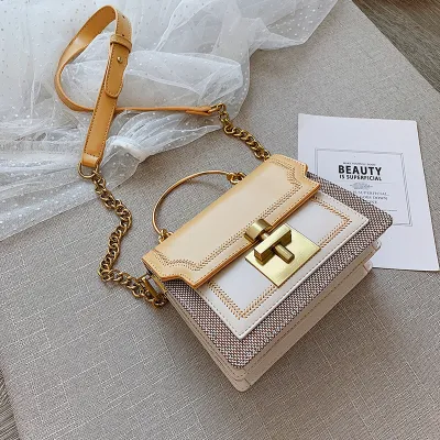 Women Fashion Chain Messenger Small Square PU Crossbody Bag Lock Closure Solid Color