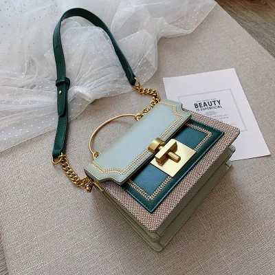 Women Fashion Chain Messenger Small Square PU Crossbody Bag Lock Closure Solid Color