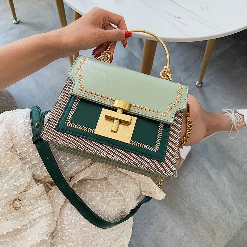 Women Fashion Chain Messenger Small Square PU Crossbody Bag Lock Closure Solid Color