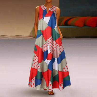 Women Boho V-Neck Sleeveless Retro Print Color Block Stitching Maxi Vacation Dress