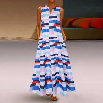 Women Boho V-Neck Sleeveless Retro Print Color Block Stitching Maxi Vacation Dress
