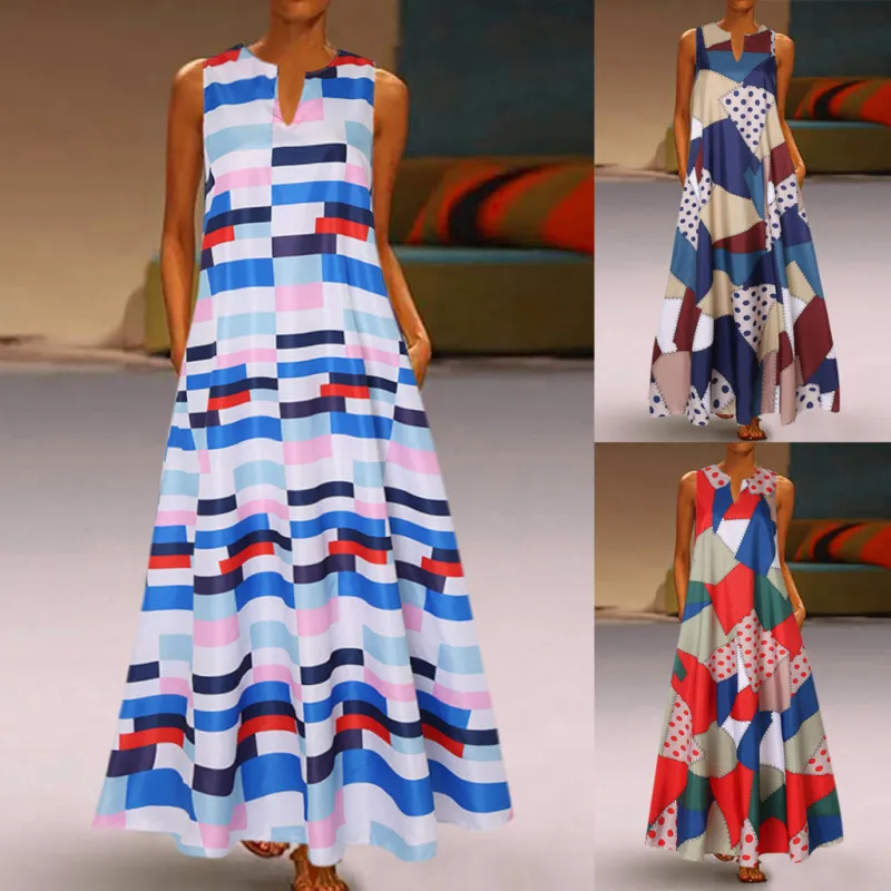 Women Boho V-Neck Sleeveless Retro Print Color Block Stitching Maxi Vacation Dress
