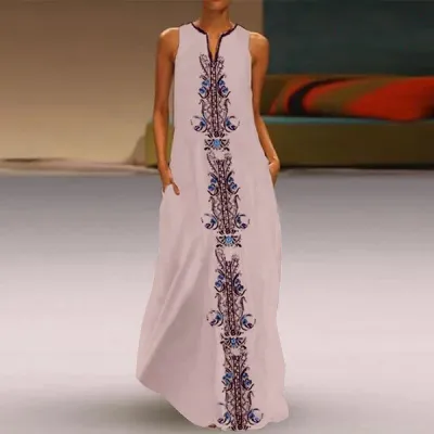 Women Vintage Boho Print Sleeveless V-Neck Loose Casual Maxi Dress