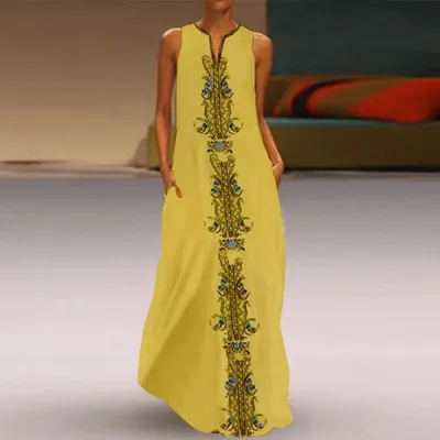 Women Vintage Boho Print Sleeveless V-Neck Loose Casual Maxi Dress