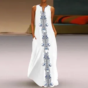 Women Vintage Boho Print Sleeveless V-Neck Loose Casual Maxi Dress