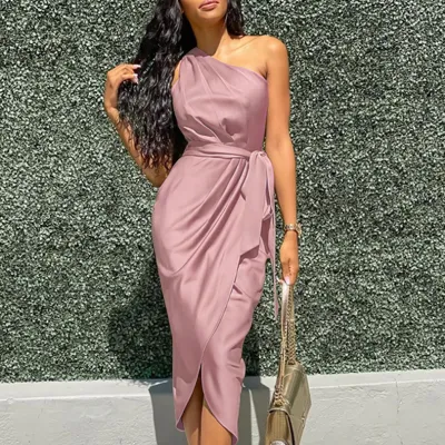Women Solid Color Satin One Shoulder Waist Tie Irregular Casual Midi Dress