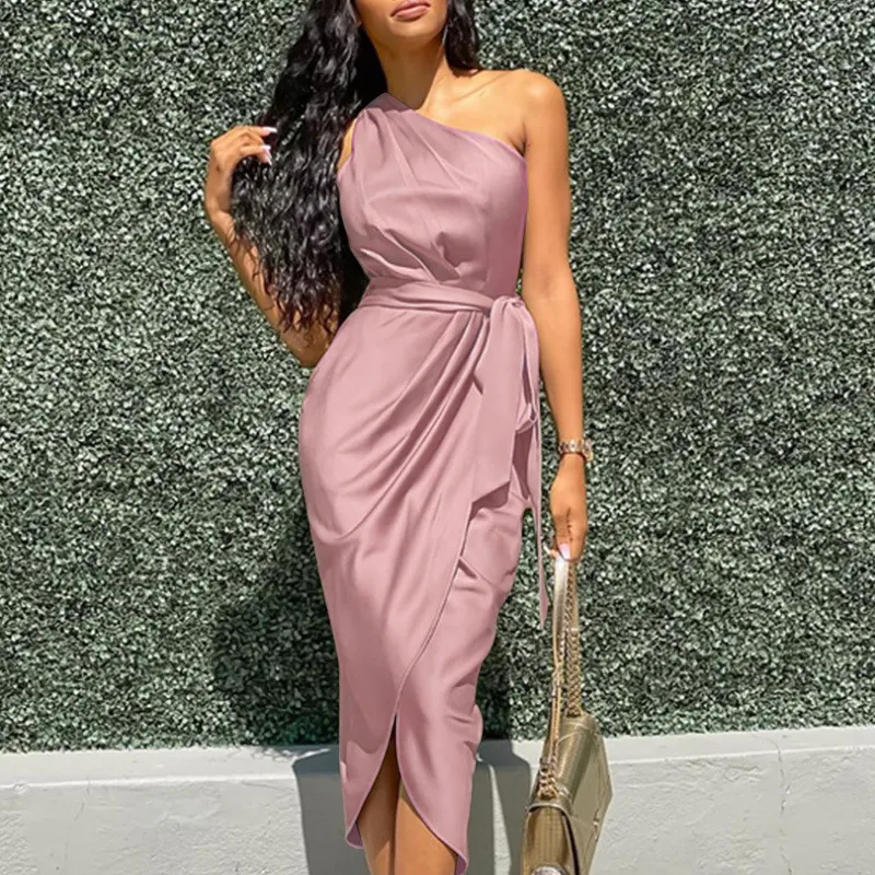 Women Solid Color Satin One Shoulder Waist Tie Irregular Casual Midi Dress