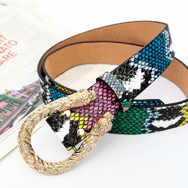 Women Fashion Ethnic Alloy Buckle Multicolor Pattern Imitation Leather Belt