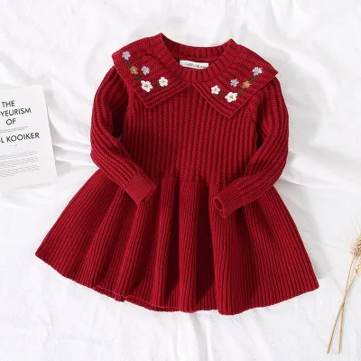 Toddler Girls Embroidered Long Sleeves Cotton Knitted A-Line Floral Dress for Kids Baby