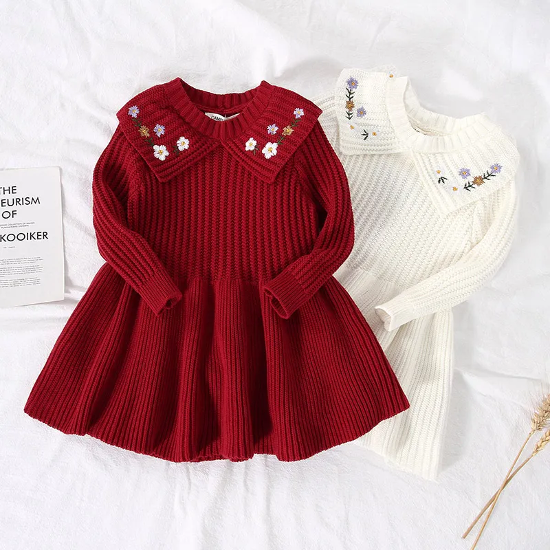 Toddler Girls Embroidered Long Sleeves Cotton Knitted A-Line Floral Dress for Kids Baby