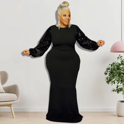 Large Size Women Elegant Winter Sequin Trumpet Sleeve Solid Maxi Tight Dress