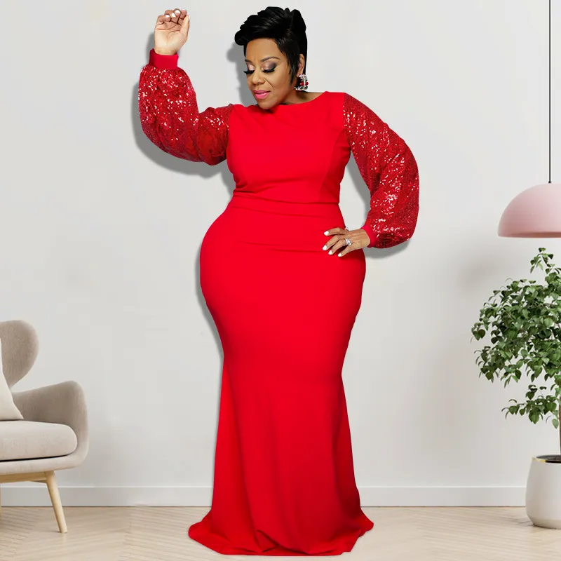 Large Size Women Elegant Winter Sequin Trumpet Sleeve Solid Maxi Tight Dress