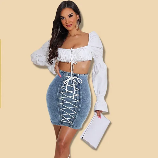 Women Autumn Sexy Elegant Eye-let Lace-up Denim Skirt