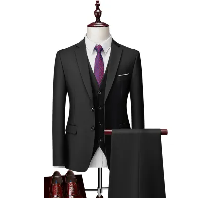 3 Pcs Set Men Fashion Solid Color Formal Blazers Vests Pants