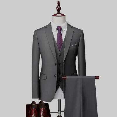 3 Pcs Set Men Fashion Solid Color Formal Blazers Vests Pants