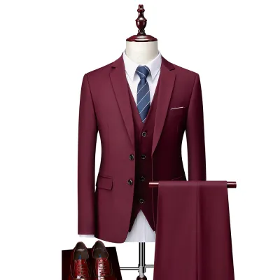 3 Pcs Set Men Fashion Solid Color Formal Blazers Vests Pants