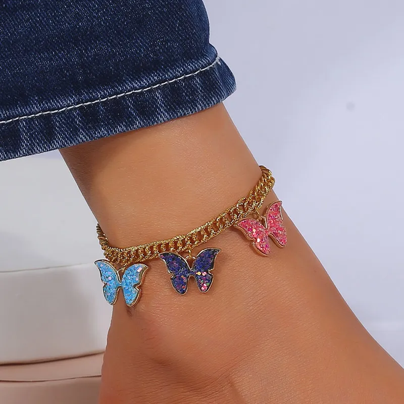 Wholesale Women Fashion Simple Sequin Butterfly Pendant Metal Anklet