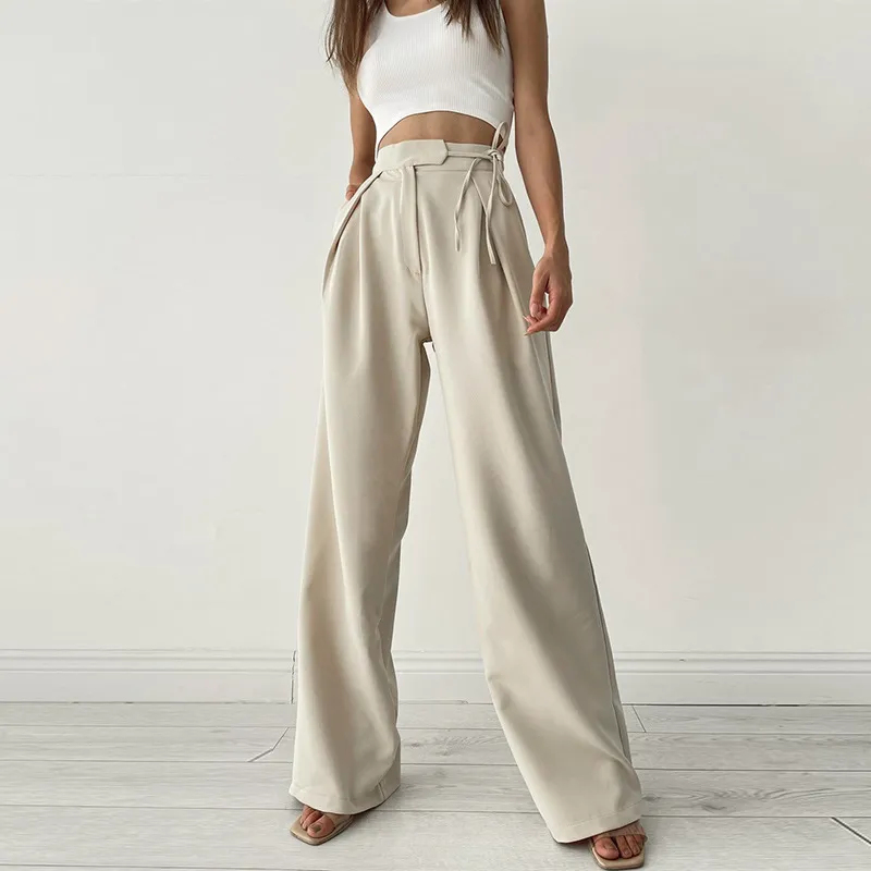 Elegant Women Autumn Winter High Waist Loose Straight Wide Leg Solid Color Work Pants