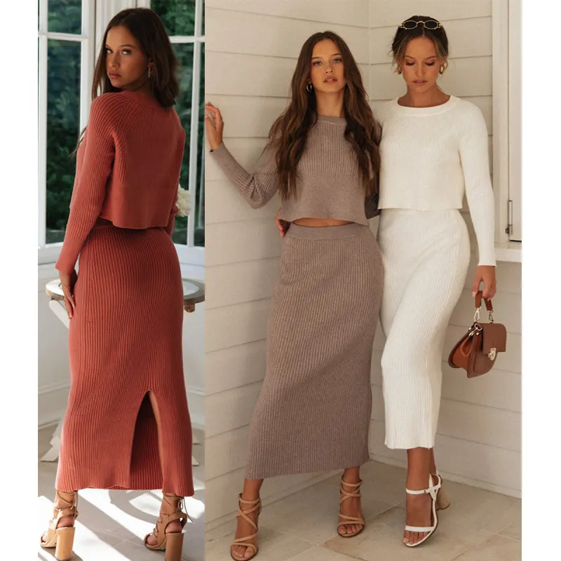 Women Autumn Winter Solid Color Knitted Pullover Sweater And Midi Skirt Elegant Work Set