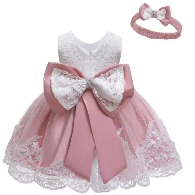 Toddler Girls Bow Tutu Skirt Lace Mesh Birthday Dress And Hairband Kids Baby Girls Clothing 0-3T