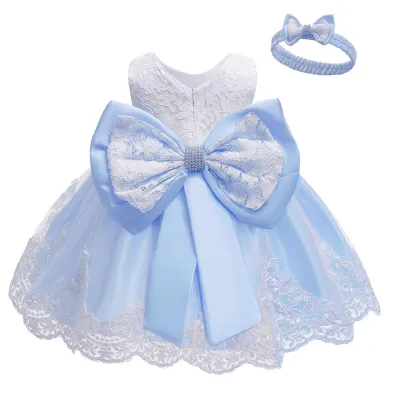 Toddler Girls Bow Tutu Skirt Lace Mesh Birthday Dress And Hairband Kids Baby Girls Clothing 0-3T