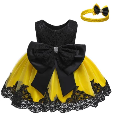 Toddler Girls Bow Tutu Skirt Lace Mesh Birthday Dress And Hairband Kids Baby Girls Clothing 0-3T