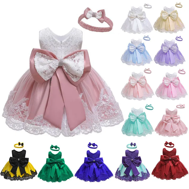Toddler Girls Bow Tutu Skirt Lace Mesh Birthday Dress And Hairband Kids Baby Girls Clothing 0-3T