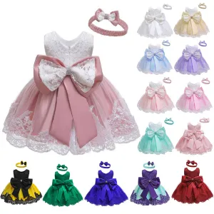 Toddler Girls Bow Tutu Skirt Lace Mesh Birthday Dress And Hairband Kids Baby Girls Clothing 0-3T
