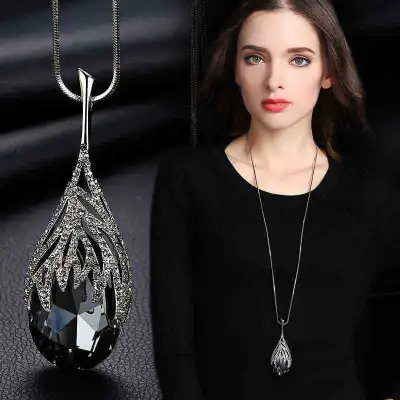 Wholesale Women Fashion Drop Water Shape Crystal Pendant Long Sweater Chain Necklace