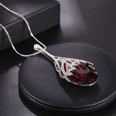 Wholesale Women Fashion Drop Water Shape Crystal Pendant Long Sweater Chain Necklace