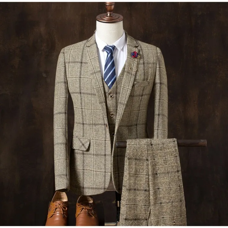 Men Classic Plaid Formal Three-Piece Suit Set Blazer Vest Pants Slim Fit