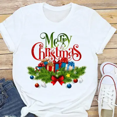 Christmas Fashion Women Basic Short Sleeve Christmas Tree Festive Party Printed Round Neck T-Shirt