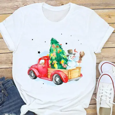 Christmas Fashion Women Basic Short Sleeve Christmas Tree Festive Party Printed Round Neck T-Shirt