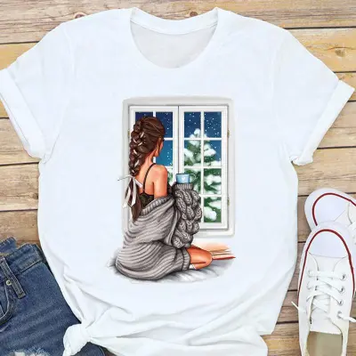 Christmas Fashion Women Basic Short Sleeve Christmas Tree Festive Party Printed Round Neck T-Shirt