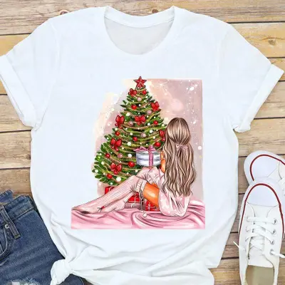 Christmas Fashion Women Basic Short Sleeve Christmas Tree Festive Party Printed Round Neck T-Shirt