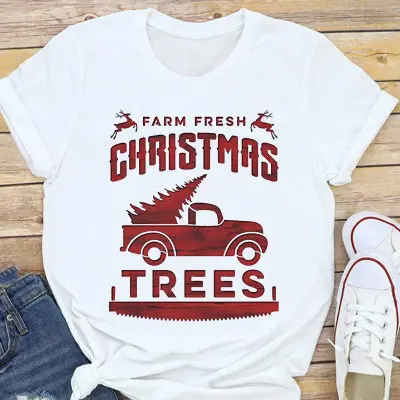 Christmas Fashion Women Basic Short Sleeve Christmas Tree Festive Party Printed Round Neck T-Shirt