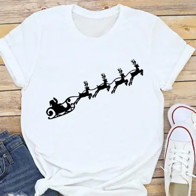 Christmas Fashion Women Basic Short Sleeve Christmas Tree Festive Party Printed Round Neck T-Shirt