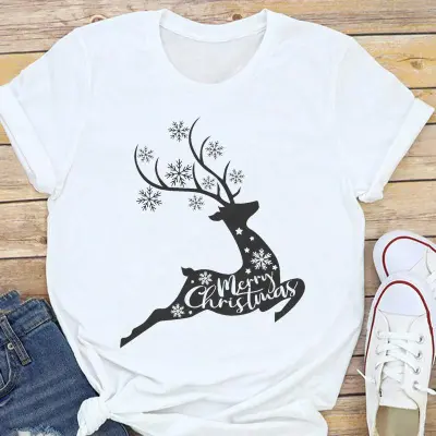 Christmas Fashion Women Basic Short Sleeve Christmas Tree Festive Party Printed Round Neck T-Shirt