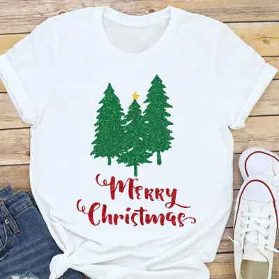 Christmas Fashion Women Basic Short Sleeve Christmas Tree Festive Party Printed Round Neck T-Shirt
