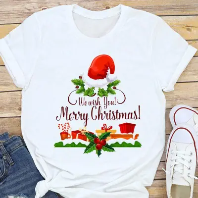 Christmas Fashion Women Basic Short Sleeve Christmas Tree Festive Party Printed Round Neck T-Shirt
