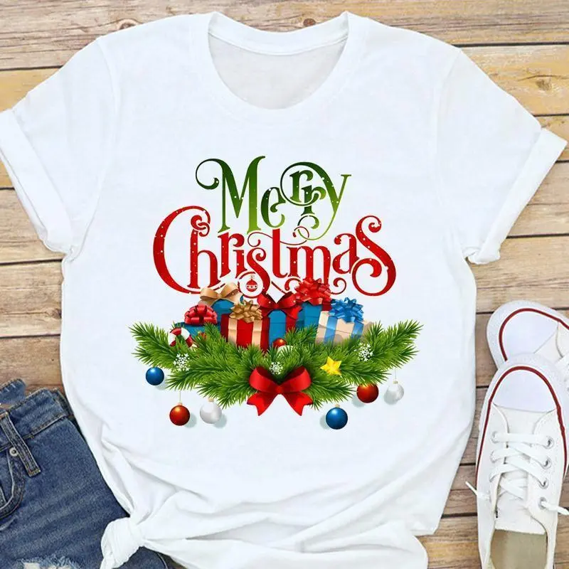 Christmas Fashion Women Basic Short Sleeve Christmas Tree Festive Party Printed Round Neck T-Shirt