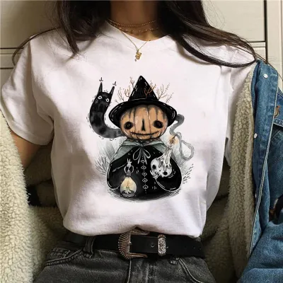 Halloween Women's Basic Short Sleeve Cat Mushroom Print Crew Neck T-Shirt